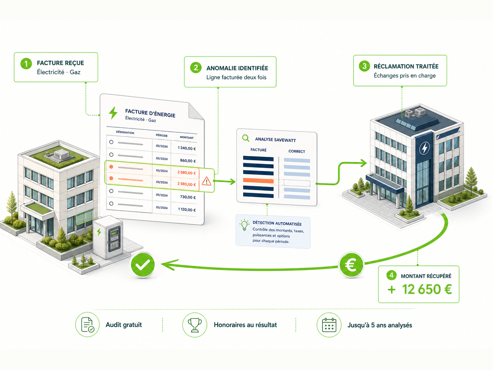 Infographie SaveWatt : facture reçue, anomalie identifiée, réclamation traitée et montant récupéré.