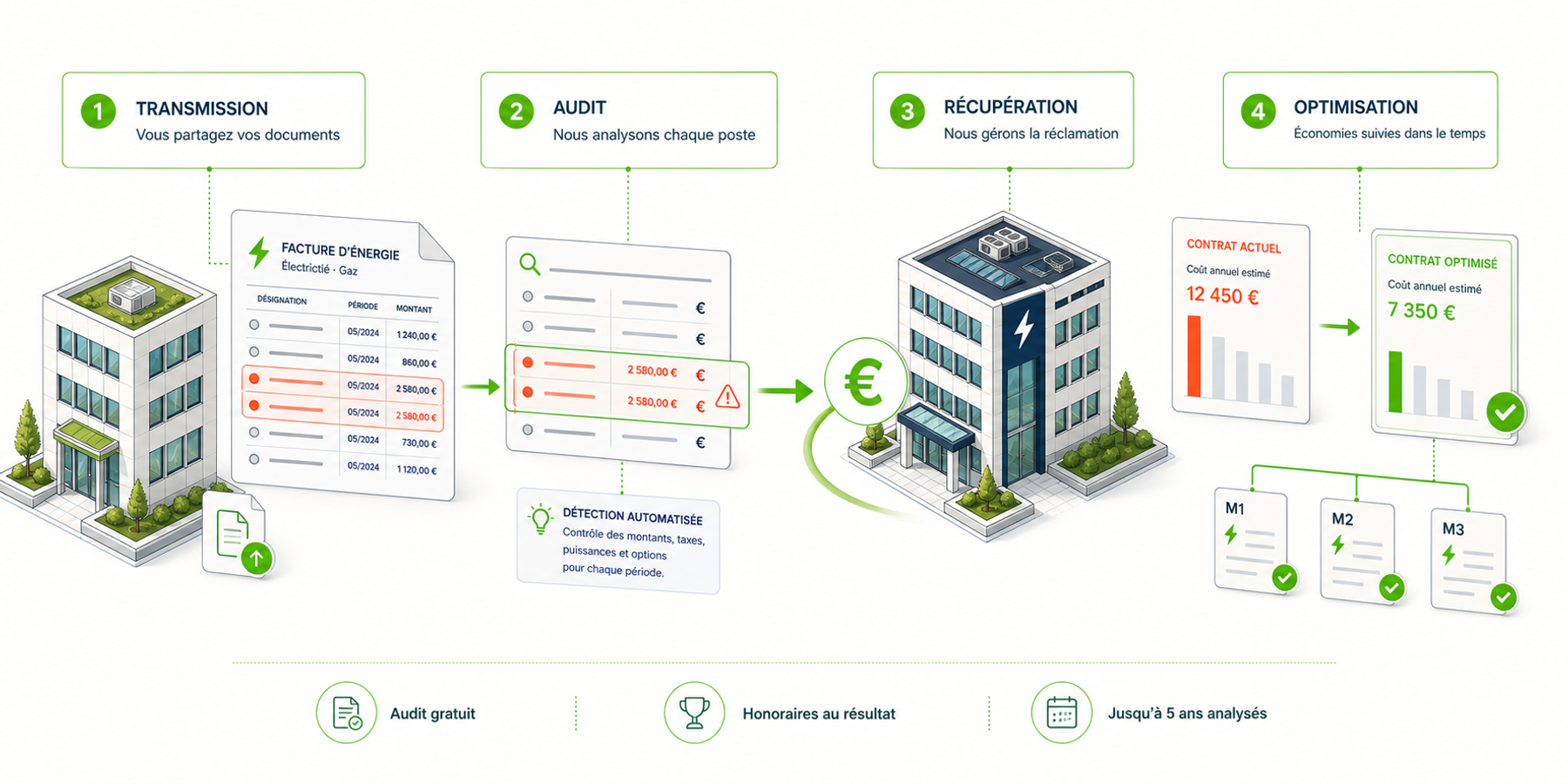 Méthode SaveWatt en quatre étapes : transmission, audit, récupération et optimisation.